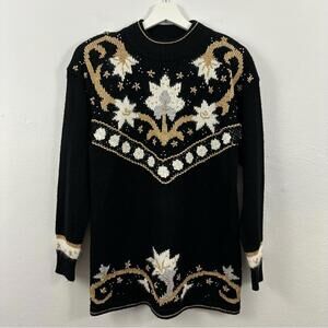 Vintage Dana Scott Women’s Floral Sequin Gold Black Sweater Size S